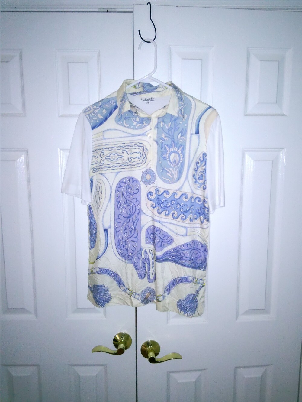 Hermes White Shirt with Light Blue and Cream Paisley Print